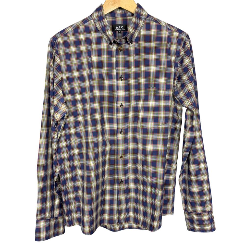 A.P.C. Shirt Mens Purple Blue Plaid 100% Cotton Button Down Long Sleeve Casual